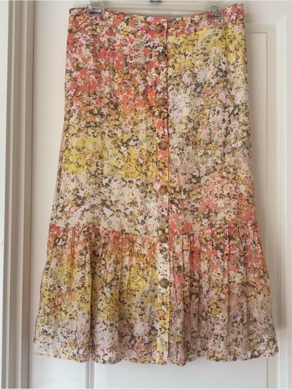 Mlle Gabrielle Skirt XL Floral Button-Front Tiered Midi Skirt in Yellow and Pink - Picture 2 of 9